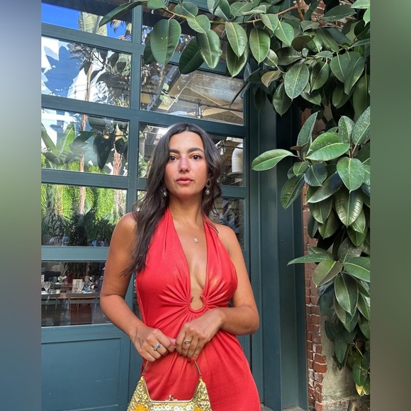 NIALI 🔥 Revolve Halter Gown in Orange shimmer Sz 2 - Picture 8 of 15